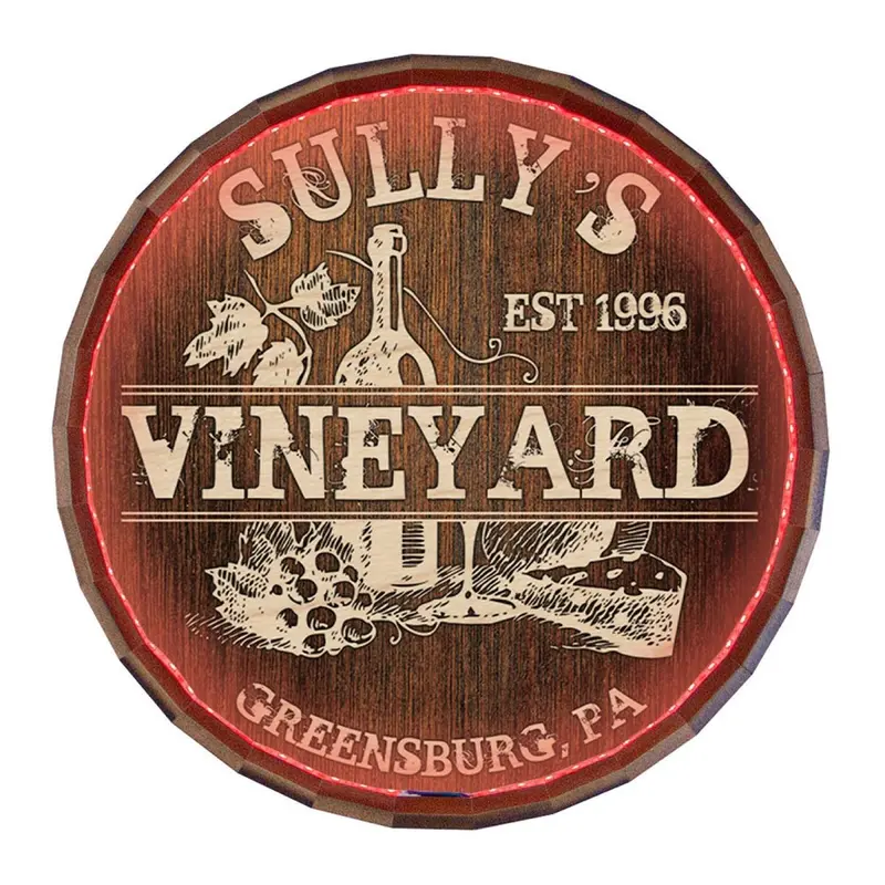 Vineyard LED Barrel Top Sign – Rustic Wood Sign with Ambient Lighting