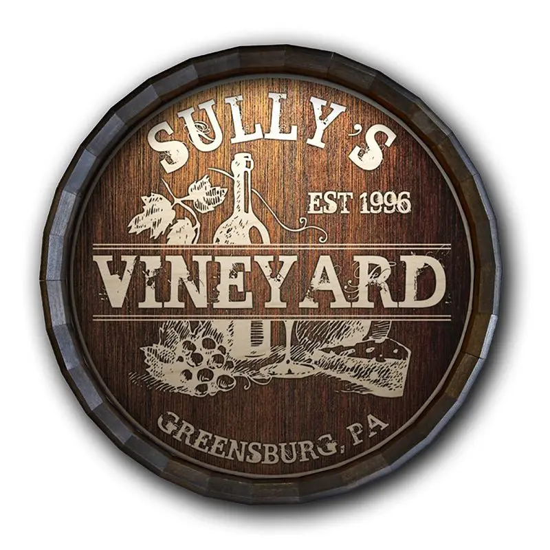 Vineyard-Themed Wooden Barrel Top Sign