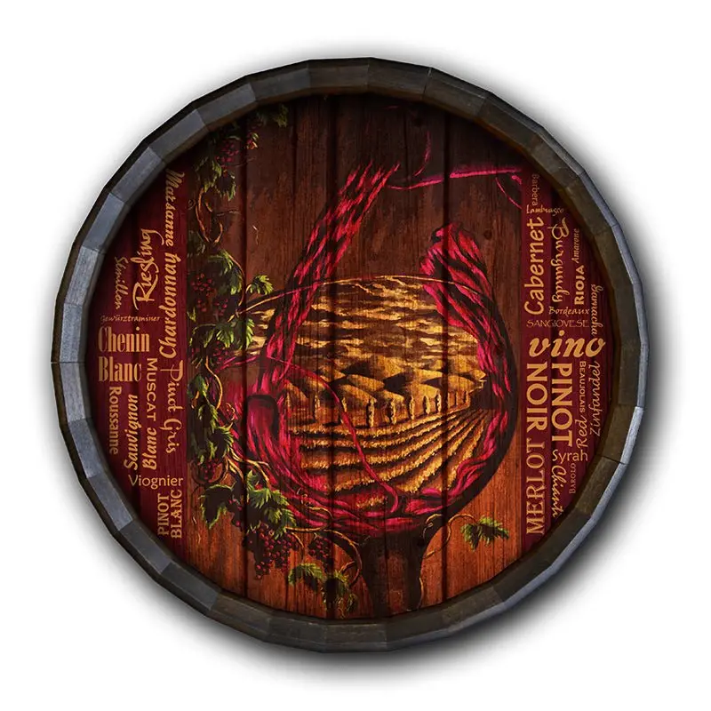 Vino-Themed Barrel Top Tavern Sign – Rustic Wooden Accent