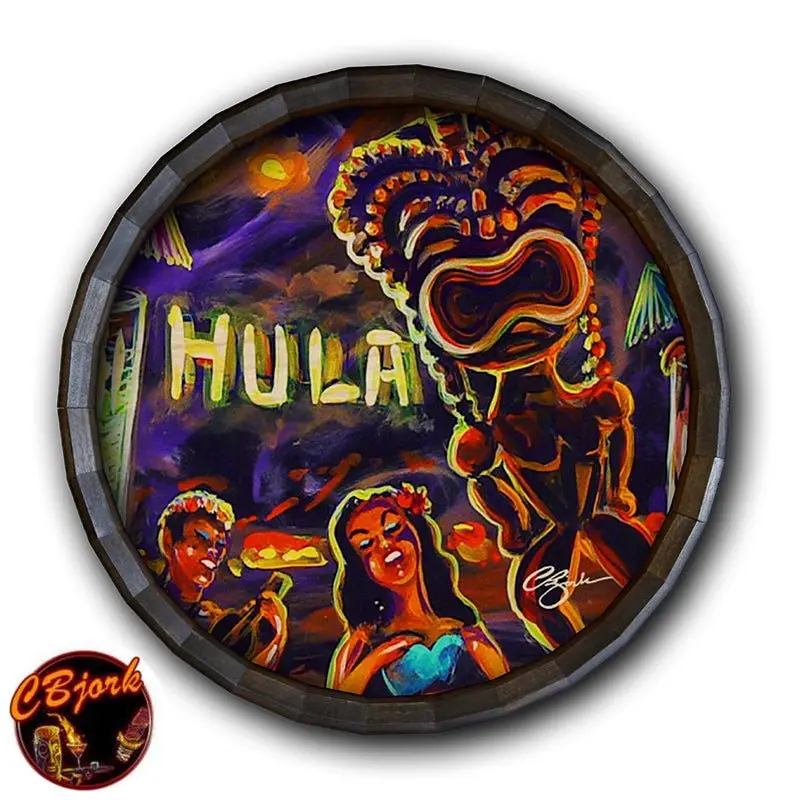 Vintage Hula Bar Barrel Top Sign – Rustic Wooden Clock with Retro Tiki Charm