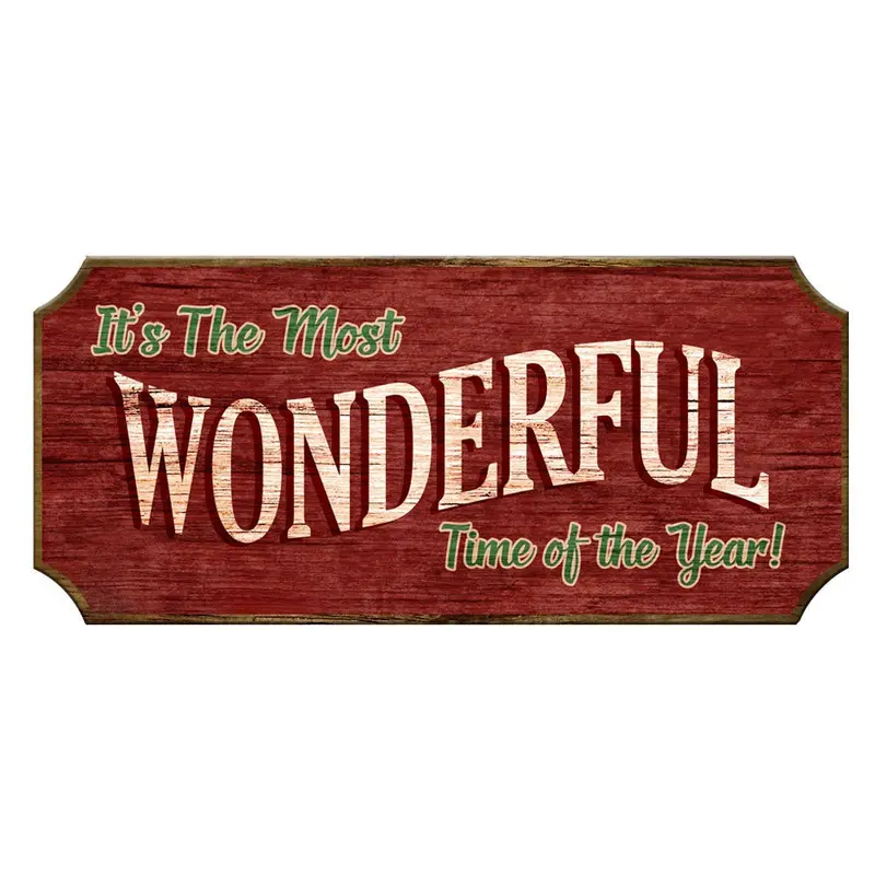 Vintage-Style Red Wooden Sign – “Wonderful Time of the Year” Holiday Decor