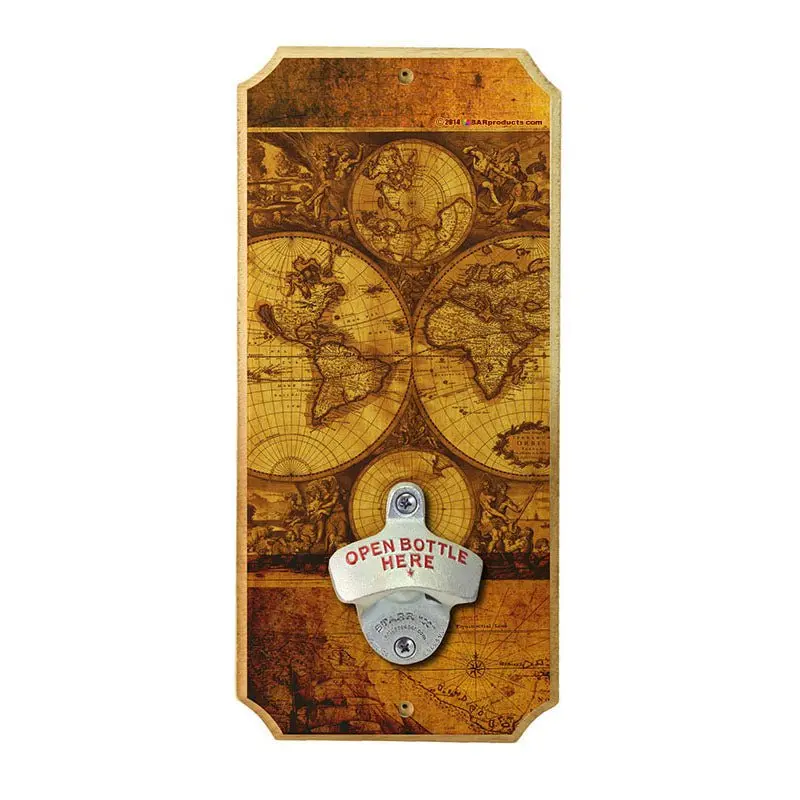 Vintage World Map Wooden Wall-Mounted Bottle Opener