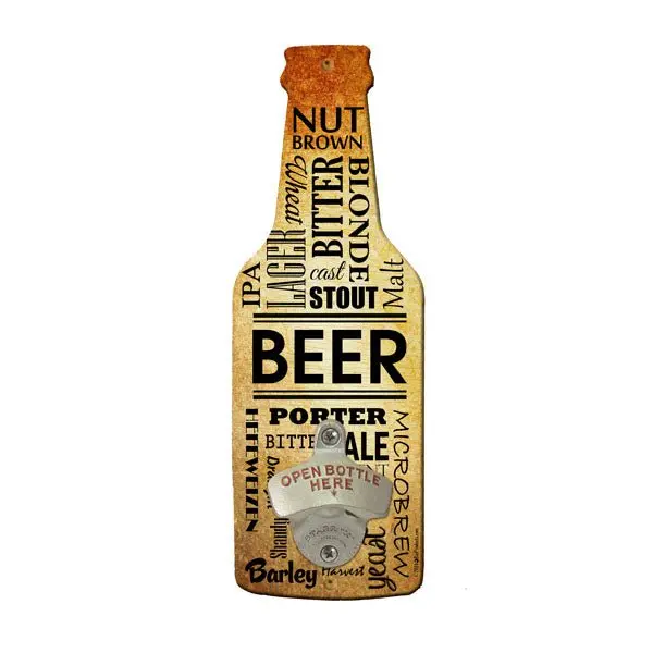Wall-Mounted Bottle Opener Featuring Beer-Shaped Word Collage Design