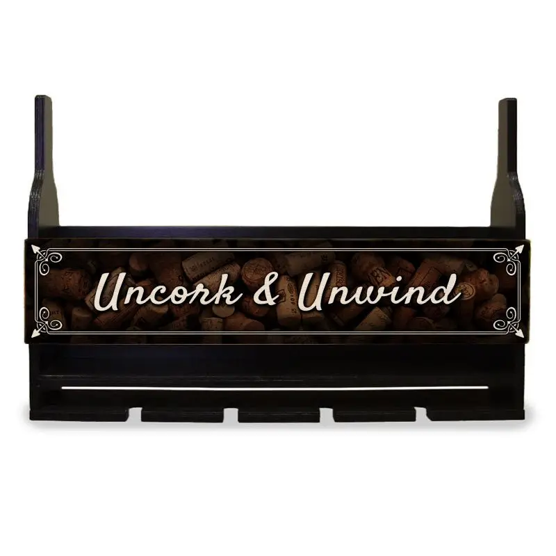 Wall-Mounted Wine & Glass Display Shelf Featuring ‘Uncork & Unwind’ Motivational Plaque
