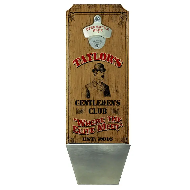 Wall-Mounted Wooden Plaque Combining Bottle Opener & Cap Catcher – Gentlemen’s Club Edition