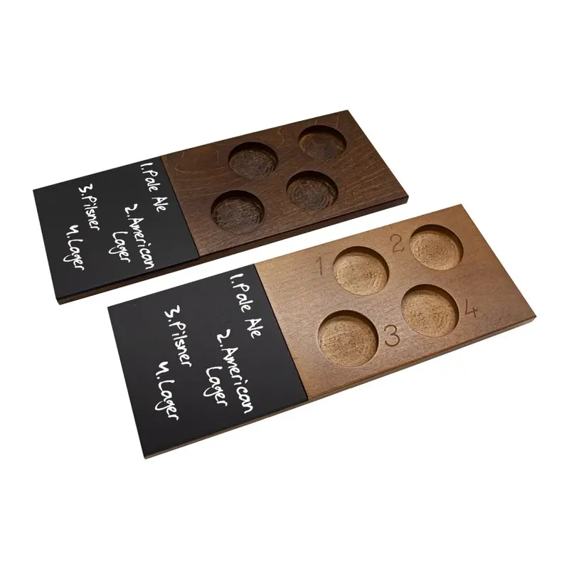 Walnut-Finished Beer Flight Tray – 4 Numbered Slots + Chalk Strip + 5.5 oz Highball Glasses