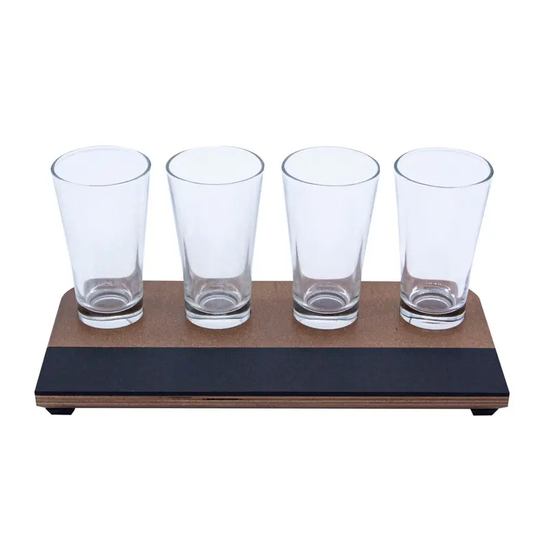 Walnut-Finished Beer Flight Tray with Chalk Strip – Includes Eight-and-a-Half-Ounce Flared Glasses