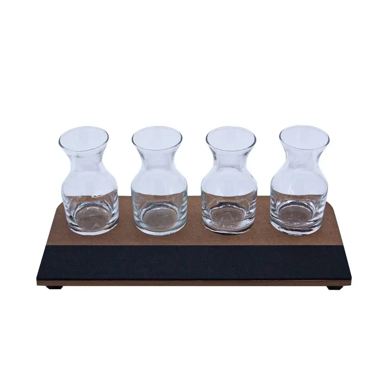 Walnut-Finished Wine Flight Tray with Chalk Strip – Includes Seven-and-a-Half-Ounce Carafe Glasses