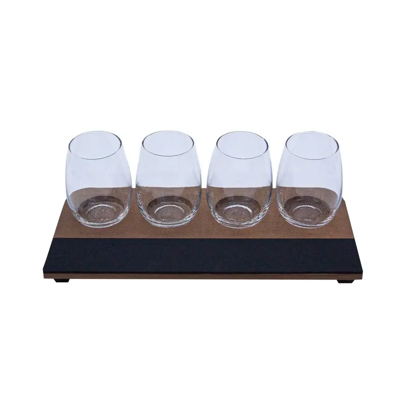 Walnut-Finished Wine Flight Tray with Chalk Strip – Includes Twelve-Ounce Stemless Glasses