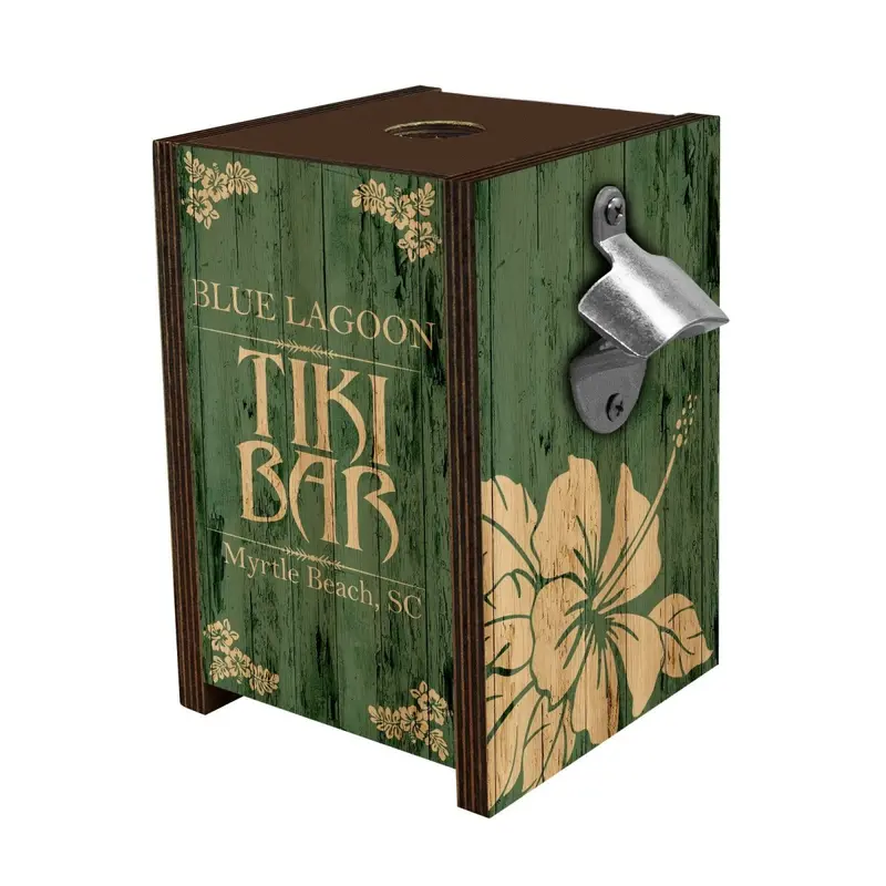 Walnut-Stained Bottle Cap Holder Box with Opener – Tiki Bar Theme