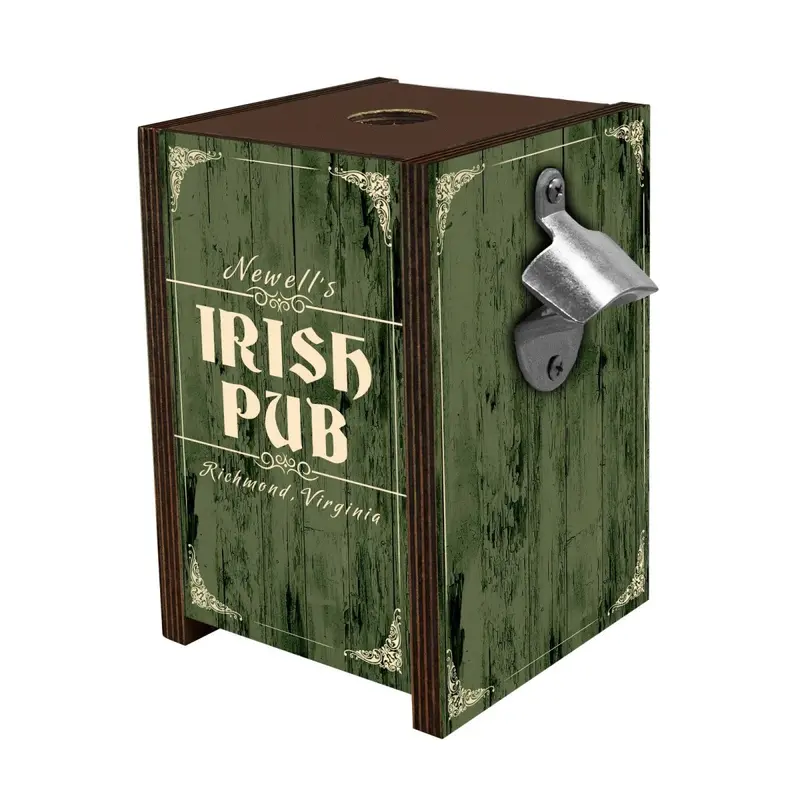 Walnut-Stained Cap Collector Box with Opener – Irish Pub Style