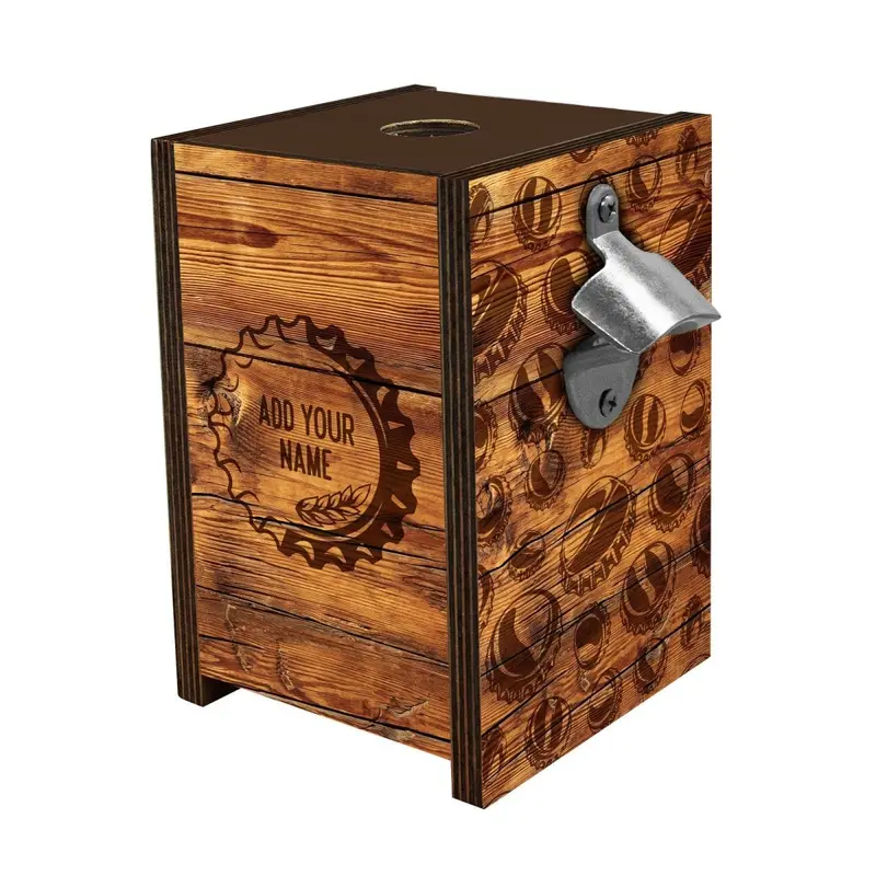 Walnut-Stained Wooden Beer Cap Display Box with Integrated Opener – Custom Photo Design
