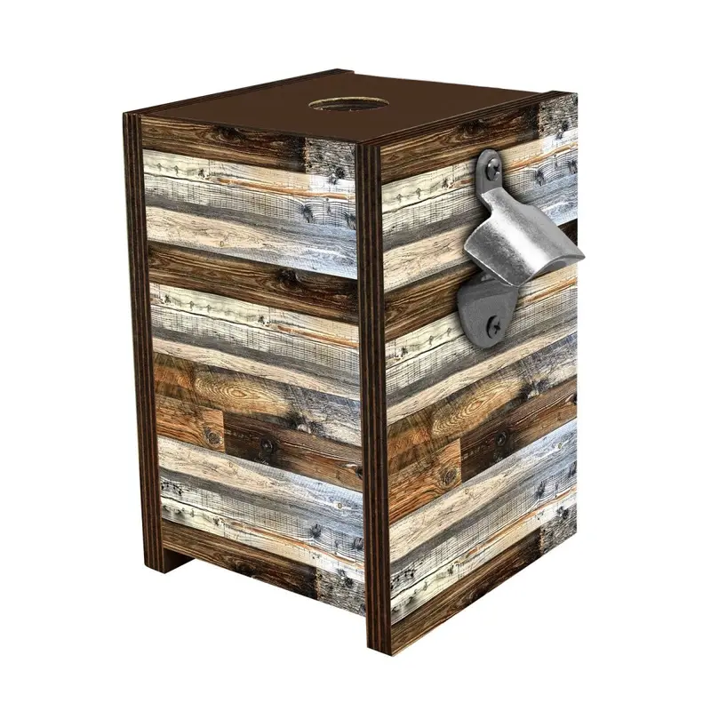 Walnut-Stained Wooden Cap Display Box with Opener – Rustic Wood Plank Finish