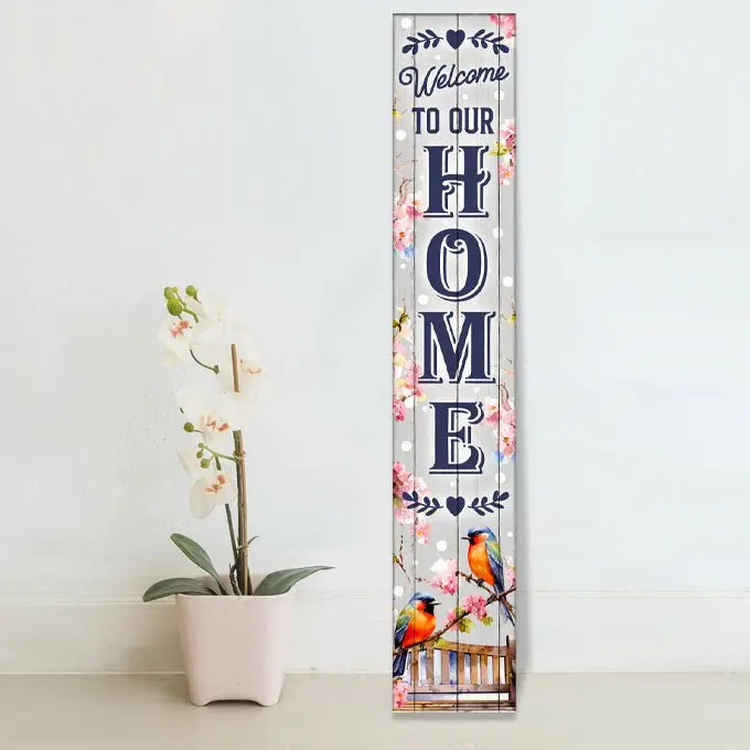 Welcome Home Birds Vertical Porch Sign – 8″ x 46″ Nature-Themed Outdoor Art