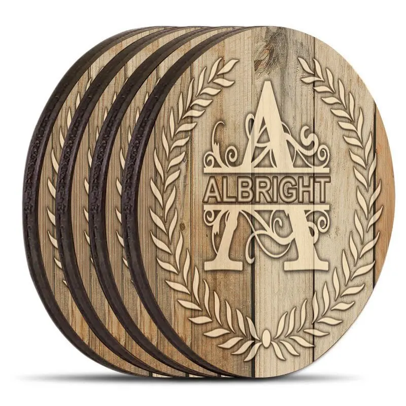 White-Wood Round Coasters – Nature-Inspired Leaf Design, Set of 4