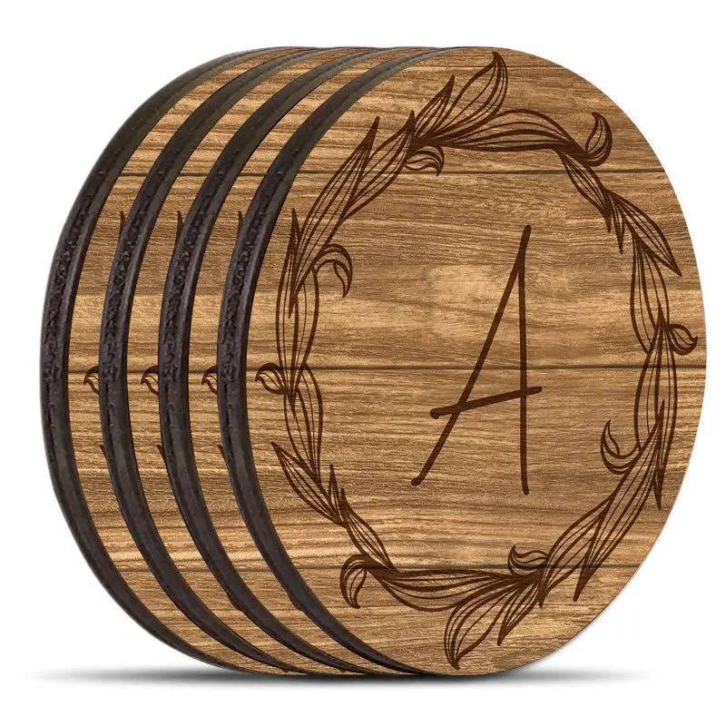 Wood Floral Monogram Coasters – Custom Round Set of 4 with Caddy, Multiple Art Styles