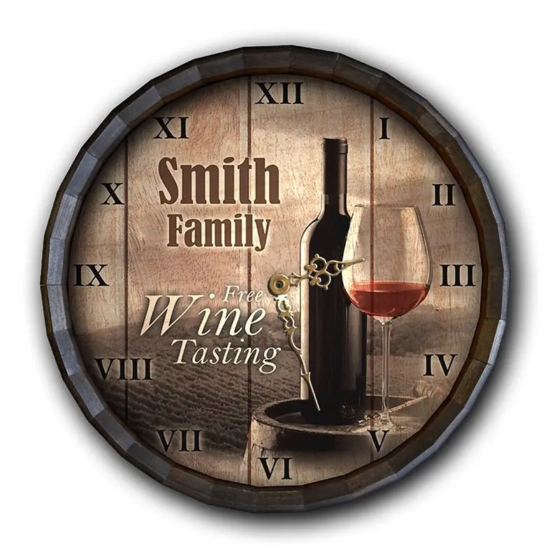 Wooden Barrel Top Clock with ‘Free Wine Tasting’ Engraving