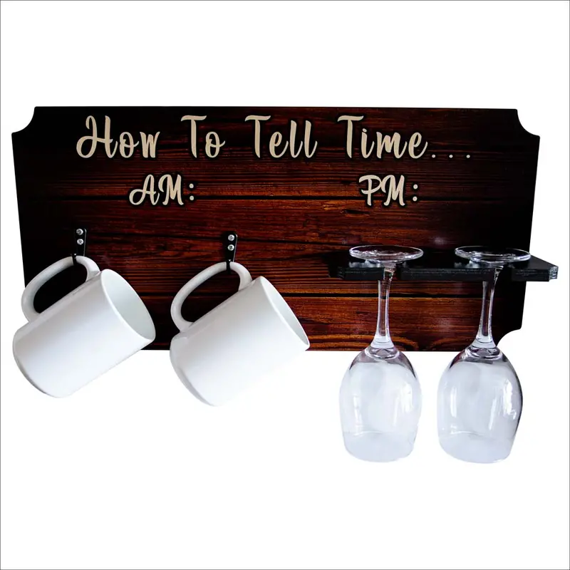 Wooden “How to Tell Time” Drinkware Display Board – Mug & Wine Glass Holder with Mounting Hardware