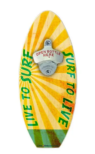 Wooden Surfboard Wall-Mounted Bottle Opener – ‘Live to Surf’ Theme